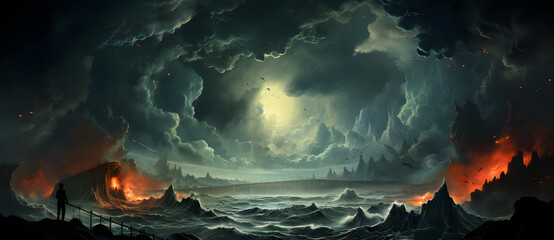 Wall Mural - a painting of a fantasy land with dark clouds in the sky Generated by AI