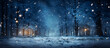 snow falling at night in a snowy dark forest with lights and stars Generated by AI