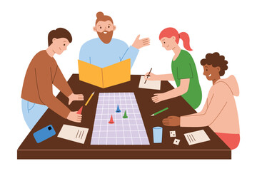 Wall Mural - Friends playing roleplay board game. Hand drawn composition cartoon people spending leisure time together. Dungeons and dragons on table. Vector illustrations of fun activity for home and parties