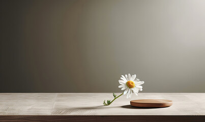 Poster -  a single daisy sitting on top of a wooden table next to a plate.  generative ai