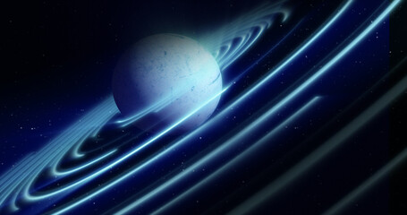 abstract blue space planet with a round asteroid belt ring futuristic hi-tech on the background of s