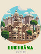 Beautiful retro-styled poster of with a city and the name Ludhiāna in Punjab
