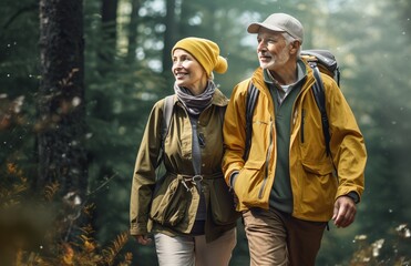 elderly couple hiking in the woods