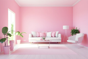 Wall Mural - Living room in pastel colors with sofa and painting on a wall 3D render. Minimal style interior of a modern room with pink walls