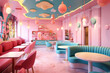 ein farbenfrohes Kinderrestaurant mit pastellfarbenen Wänden und Möbeln 