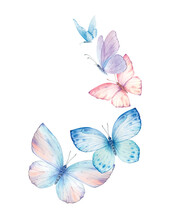 Butterflies Watercolor Wreath Isolated On White Background.
