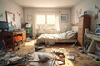 Extremely Chaotic, Untidy And Dirty Bedroom With Scattered Clothes And Cluttered Floor - Generative AI