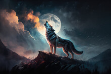 Digital Illustration Art Painting A Wolf Howling In The Wild, Big Fool Moon And Clouds Is Background. Terrible, Horror Lonely, Scary, Creepy Concept. (ai Generated)
