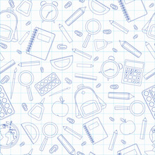 A Pattern On A School Theme, School Supplies For School On A Background Of Checkers, A Notebook, Vector Illustrations