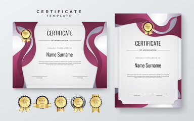 Wall Mural - Abstract white magenta geometric certificate template. Modern certificate with badges. For award, business, and education needs. Diploma vector template