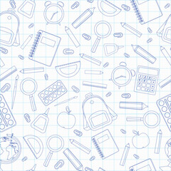 A pattern on a school theme, school supplies for school on a background of checkers, a notebook, vector illustrations