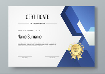 Wall Mural - Abstract white blue geometric certificate template. Modern certificate with badges. For award, business, and education needs. Diploma vector template