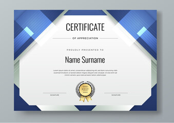 Wall Mural - Abstract white blue geometric certificate template. Modern certificate with badges. For award, business, and education needs. Diploma vector template