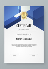 Wall Mural - Abstract white blue geometric certificate template. Modern certificate with badges. For award, business, and education needs. Diploma vector template