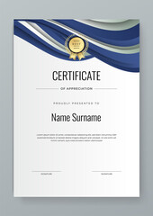 Wall Mural - Abstract white blue geometric certificate template. Modern certificate with badges. For award, business, and education needs. Diploma vector template