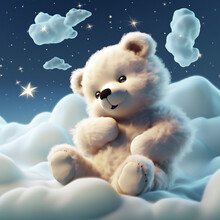 Baby Bear Sleeping On Cloud With Moon View Generative Ai