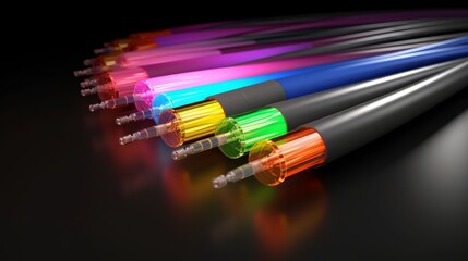 Fototapete - Colorful optical fibers on a black background. Generative AI illustration.
