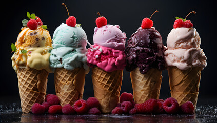 Assorted ice cream cones on dark background. Delicious and fresh desserts. (AI generative)