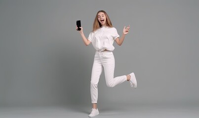 Joyful lady showcasing phone screen for advertisement or app. Creating using generative AI tools