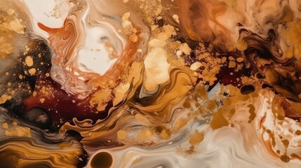  Abstrakter , dekorativer Hintergrund, beige-braun-goldene Alkoholtintenfarbe, reich verziert mit Goldfolie und Goldstaub, Generative AI