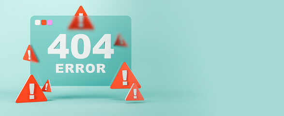 Poster - Abstract 404 error with caution marks on wide blue background with mock up place. Page not found mistake and support concept. 3D Rendering.