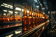 Glass Brown Bottles Of Beer On Conveyor Belt With Light, Concept Brewery Plant Production Line, Beer Bottling Factory. AI Generative.