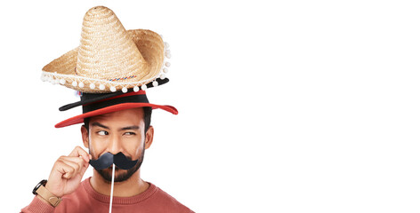 Wall Mural - Fashion, hats and funny with portrait of man on png for choice, crazy and disguise. Mustache, costume and comic with face of person isolated on transparent background for joke, style and accessory