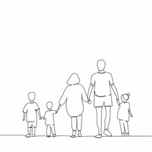 One Continuous Single Line Of Father And Mother With Children For Parents Day Isolated On White Background.