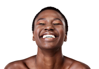 African woman, happy and face with beauty or makeup for skin, glow or healthy facial cosmetics on transparent, isolated or png background. Black model, smile and skin care in dermatology salon