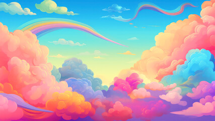 Poster - Rainbow and clouds in the sky. Cartoon background. Vector illustration. generative ai