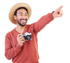 Photographer, pointing and travel with man and camera on png for holiday, search and adventure. Vintage, retro and picture with person isolated on transparent background for photography and tourism