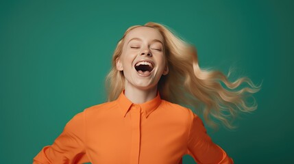 Wall Mural - Successful blonde woman with orange clothes enjoying the moment. Generative AI