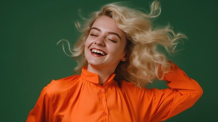 Wall Mural - Successful blonde woman with orange clothes enjoying the moment. Generative AI