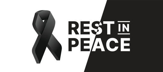 Wall Mural - mourning symbol with 3d black ribbon and rest in peace text on white black background vector design