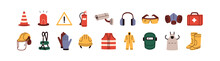 Safety, Security Icons Set. Work Helmet, Gloves, Vest, Cone, Alarm Signs. Caution, Warning Symbols For Personal Occupational Protection. Flat Graphic Vector Illustrations Isolated On White Background