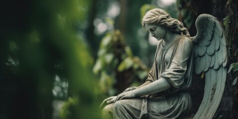 image with background and place for caption and fragment of tragic sad angel statue at the cemetery.