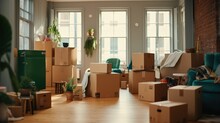 Move Concept. Cardboard Boxes And Cleaning Things For Moving Into A New Home. Cardboard Boxe Background.