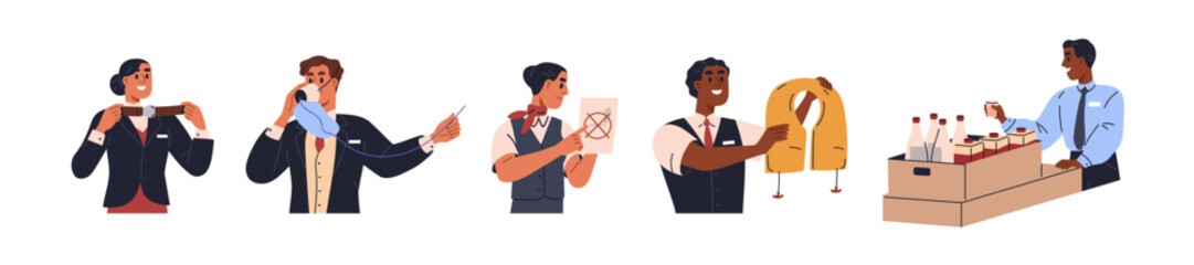 Poster - Stewardesses, flight attendants, airplane hostess at work. Steward explaining onboard instructions, plane rules, trolley service. Flat graphic vector illustrations isolated on white background