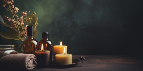 Beauty spa treatment background with candles on a dark background. Free space for your text.