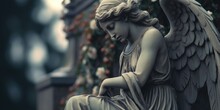 Image With Background And Place For Caption And Fragment Of Tragic Sad Angel Statue At The Cemetery. Funeral Ceremony.