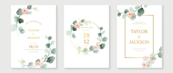 Wall Mural - Luxury botanical wedding invitation card template. Watercolor card with gold line art, flower, eucalyptus leaves, foliage. Elegant blossom vector design suitable for banner, cover, invitation.