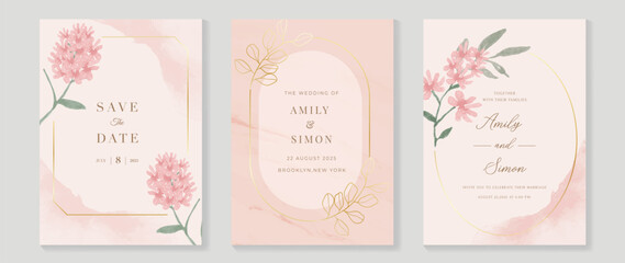 Wall Mural - Luxury botanical wedding invitation card template. Watercolor card with gold line art, flower, leaves branches, foliage. Elegant blossom vector design suitable for banner, cover, invitation.