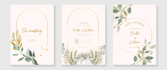 luxury botanical wedding invitation card template. watercolor card with gold line art, flower, eucal