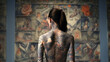 © annebel146 - Tattoo artist woman Portrait of tattooed full body with black background copy space, creative design
