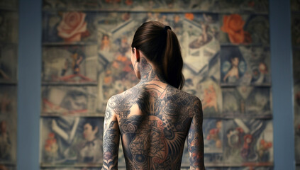 tattoo artist woman portrait of tattooed full body with black background copy space, creative design