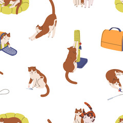 Poster - Cute cats life, seamless pattern design. Feline activities, endless background, repeating print with kitty and pets supplies, accessories, toys, scratching post. Flat vector illustration for fabric