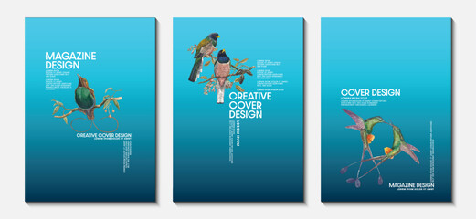Fototapete - Posters design templates with geometric patterns and birds. Blue tone. Ideas for magazine covers, brochures and posters. Vector illustration.