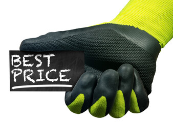 Aufkleber - Hand with protective work glove holding a small blackboard with the text Best Price written in chalk, isolated on white or transparent background. Photography. Png.