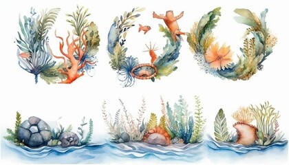  Watercolor Ocean Scene arrangements Wall art Poster