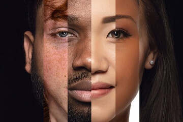 human face made from different portrait of men and women of diverse age and race. combination of fac